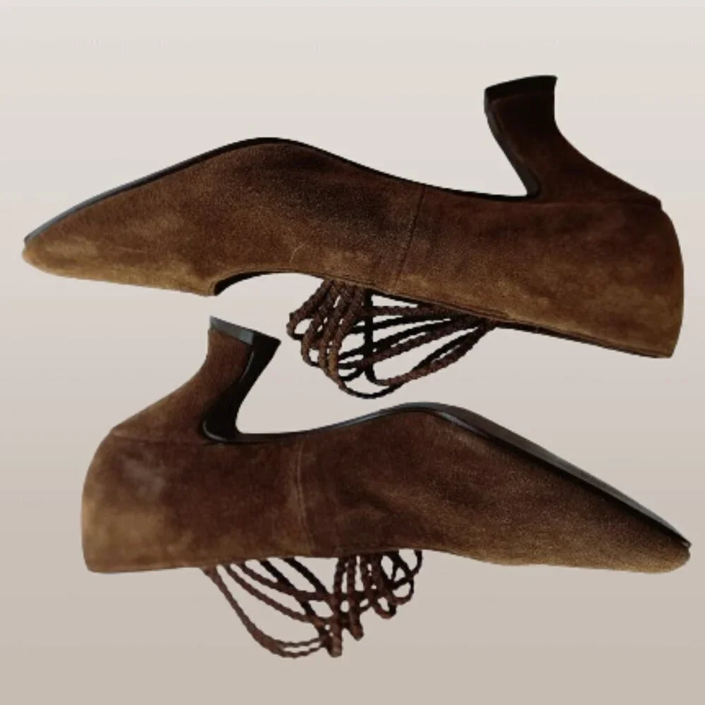 Vertan Brown Leather Suede Criss-Cross Elastic Strap Pumps -  Size 8M